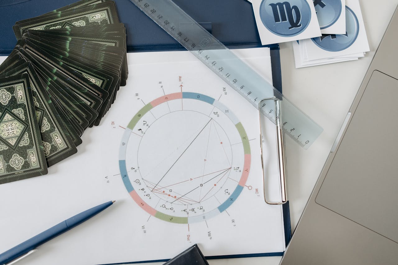 about-01 Flat lay of astrology tools, including tarot cards and a natal chart, on a desk.